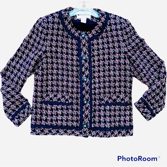 VINTAGE Tweed Structured Blazer Cropped Jacket Black Pink Size 8P - Picture 1 of 13